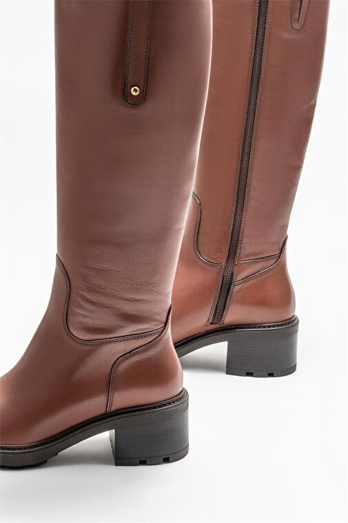 Taba Deri Kadın Topuklu Çizme - Görsel 5