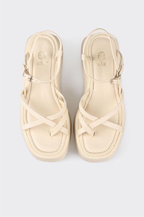 Bej Deri Kadın Dolgu Topuk Sandalet - Görsel 5