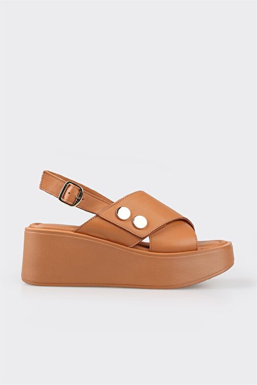 Taba Deri Kadın Dolgu Topuklu Sandalet - Görsel 2