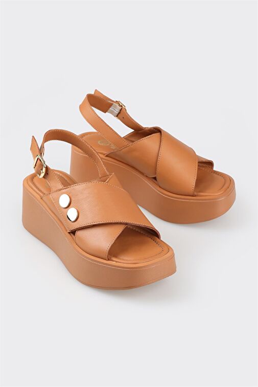 Taba Deri Kadın Dolgu Topuklu Sandalet - Görsel 3