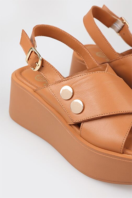 Taba Deri Kadın Dolgu Topuklu Sandalet - Görsel 6