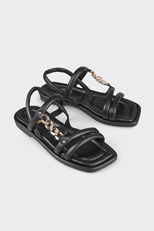 Siyah Deri Kadın Düz Sandalet - Görsel 3