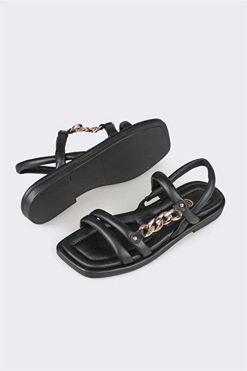 Siyah Deri Kadın Düz Sandalet - Görsel 4