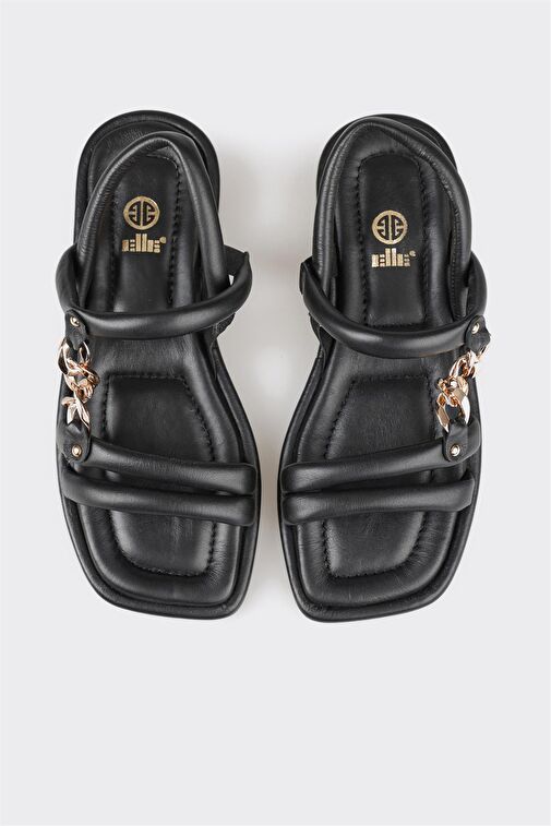 Siyah Deri Kadın Düz Sandalet - Görsel 5