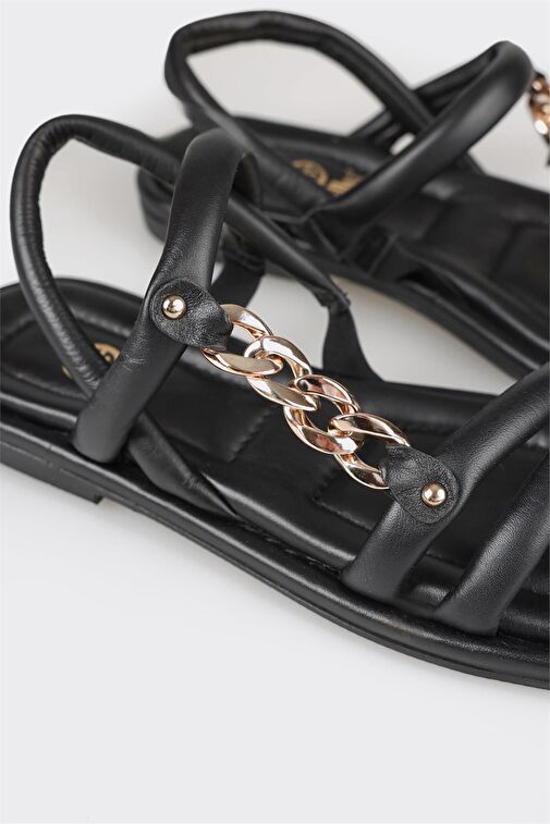 Siyah Deri Kadın Düz Sandalet - Görsel 6