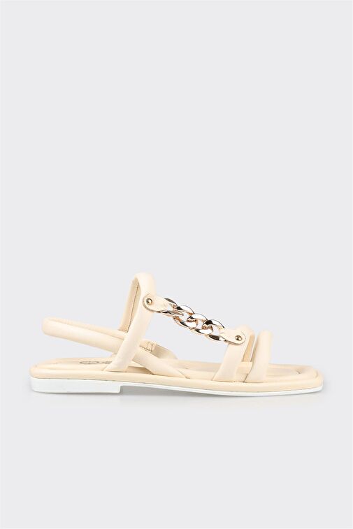 Bej Deri Kadın Düz Sandalet - Görsel 2