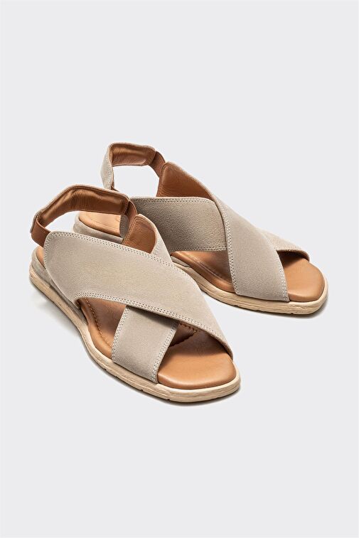 Bej Deri Kadın Düz Sandalet - Görsel 3