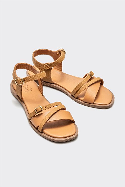 Taba Deri Kadın Düz Sandalet - Görsel 3