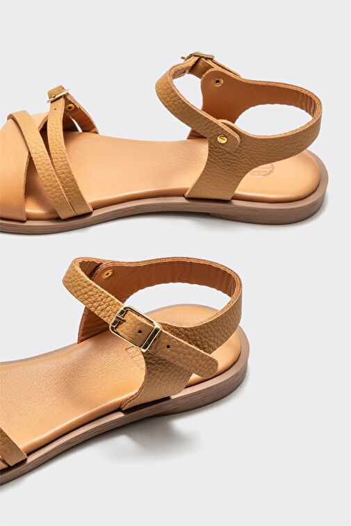 Taba Deri Kadın Düz Sandalet - Görsel 5