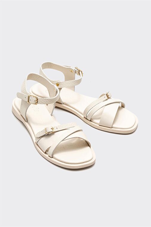 Bej Deri Kadın Düz Sandalet - Görsel 3