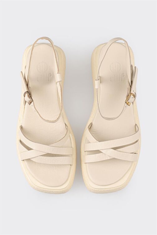 Bej Deri Kadın Dolgu Topuk Sandalet - Görsel 5