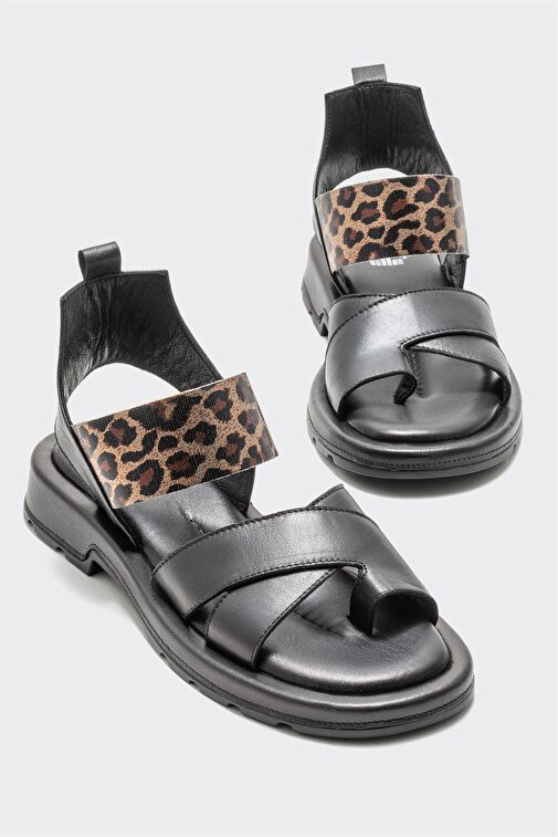 Siyah Deri Kadın Parmak Arası Sandalet - Görsel 4