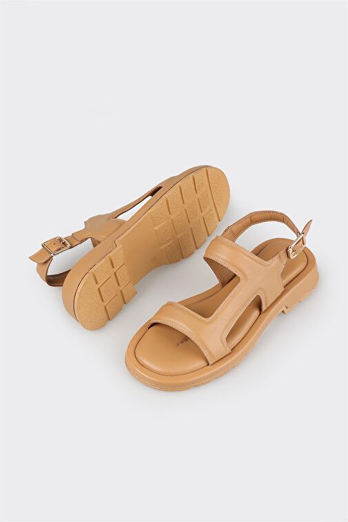 Naturel Deri Kadın Düz Sandalet - Görsel 4