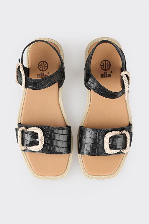 Siyah Deri Kadın Düz Sandalet - Görsel 5