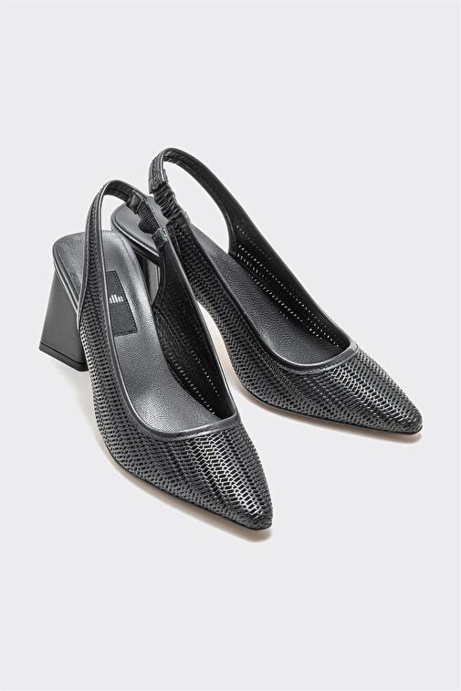 Siyah Deri Kadın Topuklu Ayakkabı - Görsel 3