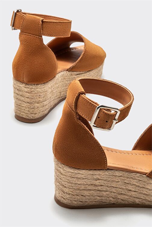 Taba Deri Kadın Dolgu Topuklu Sandalet - Görsel 5