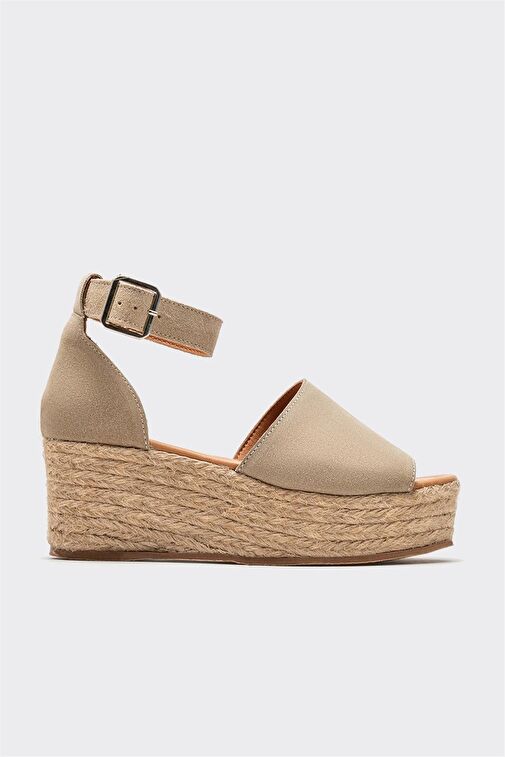 Bej Deri Kadın Dolgu Topuklu Sandalet - Görsel 2