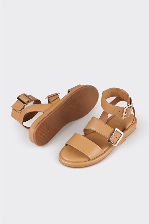 Naturel Deri Kadın Düz Sandalet - Görsel 4