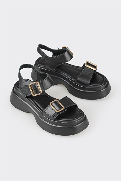 Siyah Deri Kadın Dolgu Topuk Sandalet - Görsel 3