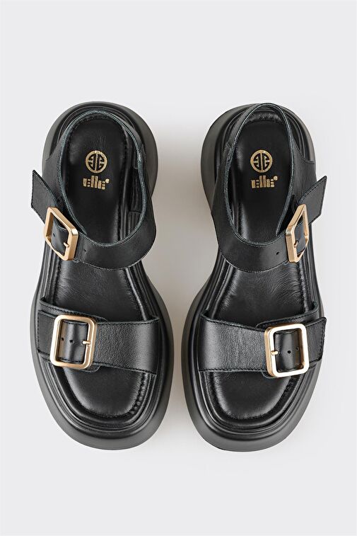 Siyah Deri Kadın Dolgu Topuk Sandalet - Görsel 5