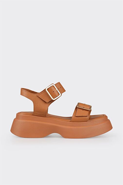Taba Deri Kadın Dolgu Topuk Sandalet - Görsel 2