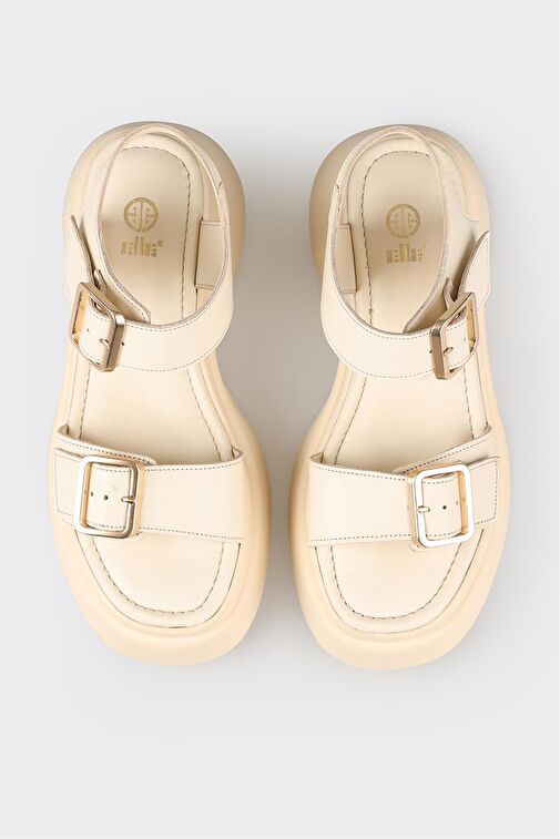 Bej Deri Kadın Dolgu Topuk Sandalet - Görsel 5