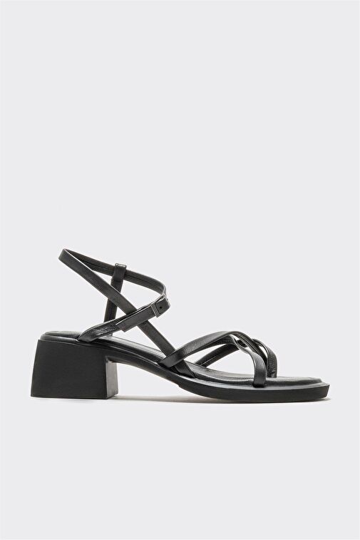Siyah Deri Kadın Topuklu Sandalet - Görsel 2