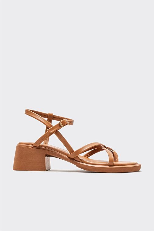 Taba Deri Kadın Topuklu Sandalet - Görsel 2