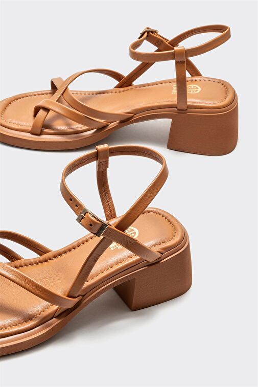 Taba Deri Kadın Topuklu Sandalet - Görsel 5