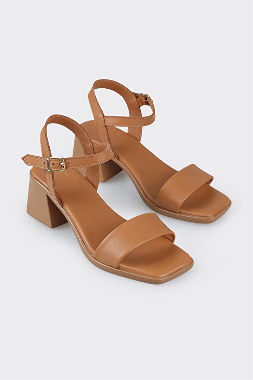 Taba Deri Kadın Topuklu Sandalet - Görsel 2