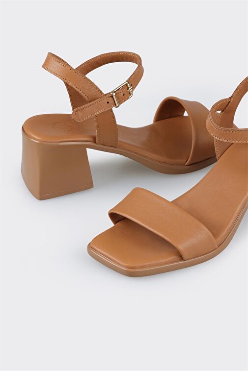 Taba Deri Kadın Topuklu Sandalet - Görsel 4