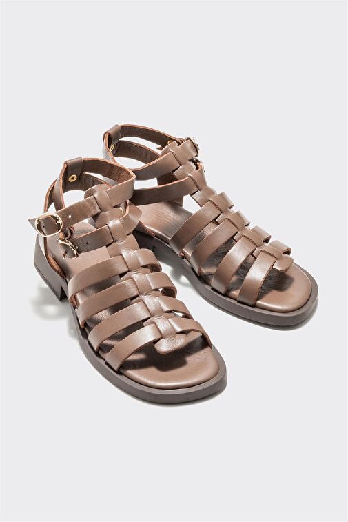 Kahve Deri Kadın Düz Sandalet - Görsel 3