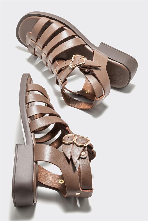 Kahve Deri Kadın Düz Sandalet - Görsel 5