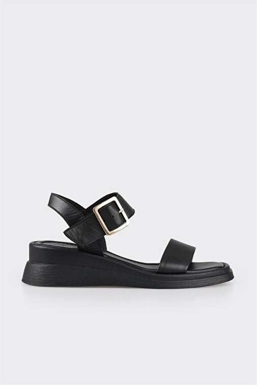 Siyah Deri Kadın Dolgu Topuk Sandalet - Görsel 2