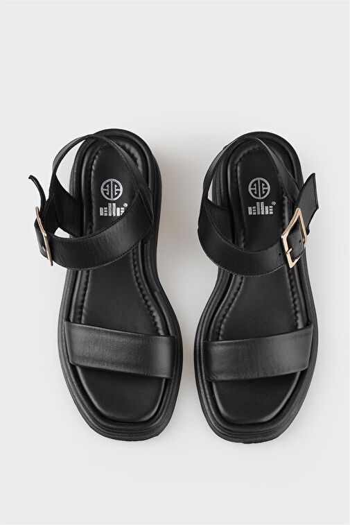 Siyah Deri Kadın Dolgu Topuk Sandalet - Görsel 5