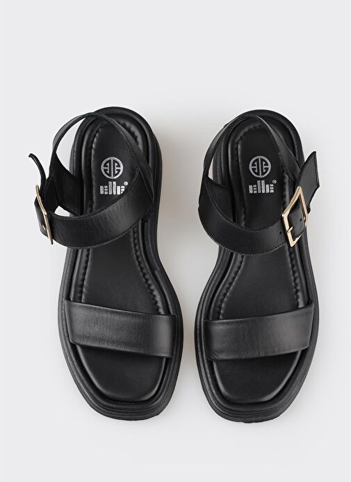 Siyah Deri Kadın Dolgu Topuk Sandalet - Görsel 5