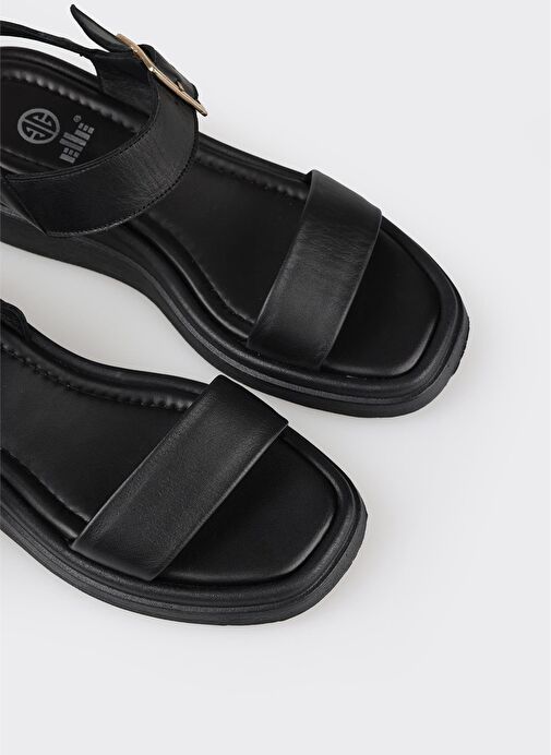 Siyah Deri Kadın Dolgu Topuk Sandalet - Görsel 6