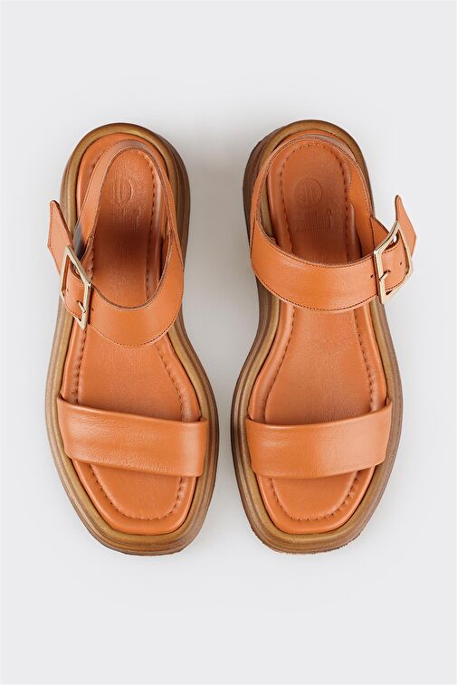 Taba Deri Kadın Dolgu Topuk Sandalet - Görsel 5