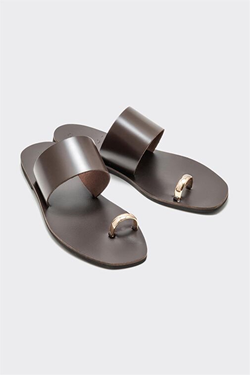 Kahve Deri Kadın Parmak Arası Terlik - Görsel 3