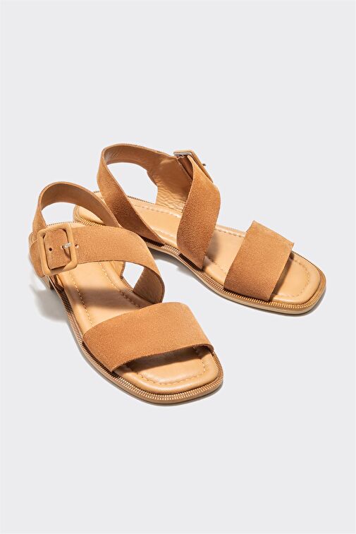 Taba Deri Kadın Düz Sandalet - Görsel 2