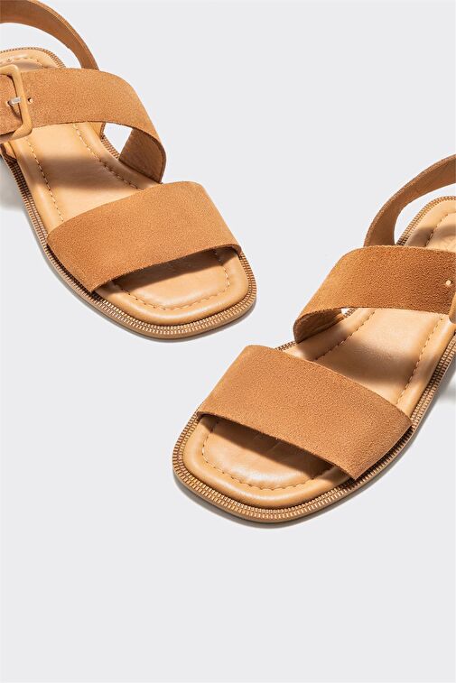 Taba Deri Kadın Düz Sandalet - Görsel 4