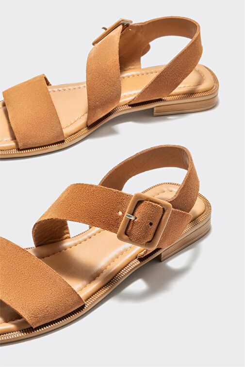 Taba Deri Kadın Düz Sandalet - Görsel 5