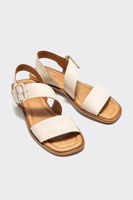 Bej Deri Kadın Düz Sandalet - Görsel 3