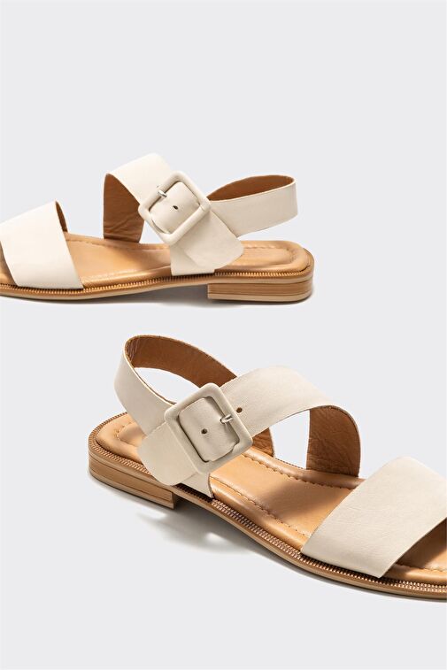 Bej Deri Kadın Düz Sandalet - Görsel 5