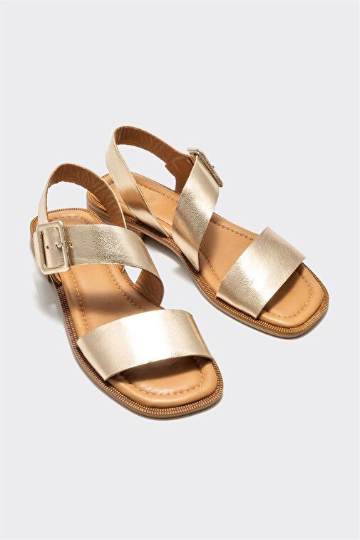 Gold Deri Kadın Düz Sandalet - Görsel 3