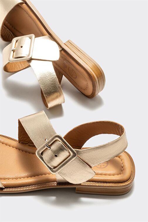 Gold Deri Kadın Düz Sandalet - Görsel 5