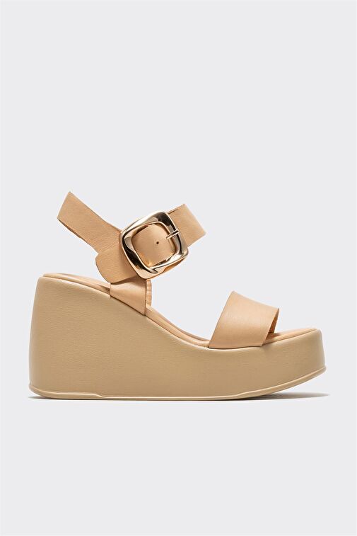 Naturel Deri Kadın Dolgu Topuk Sandalet - Görsel 2