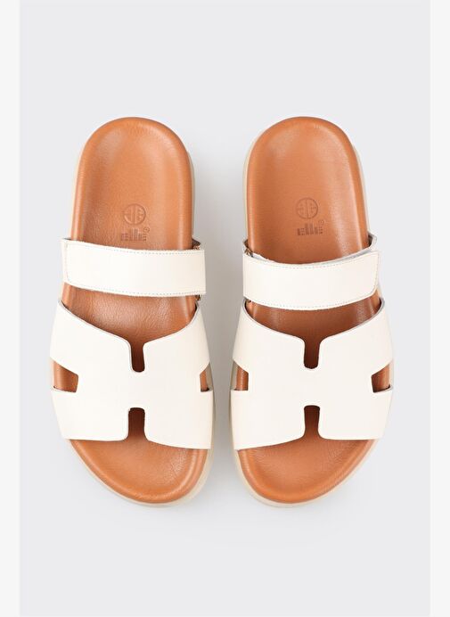 Ekru Deri Kadın Düz Terlik - Görsel 4