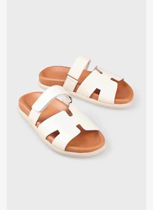 Ekru Deri Kadın Düz Terlik - Görsel 2