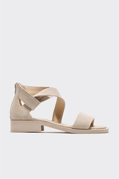 Bej Deri Kadın Düz Sandalet - Görsel 2